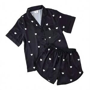 NEW BELLA SLEEP + SPA women's hearts 2 piece satin short pajama set in black